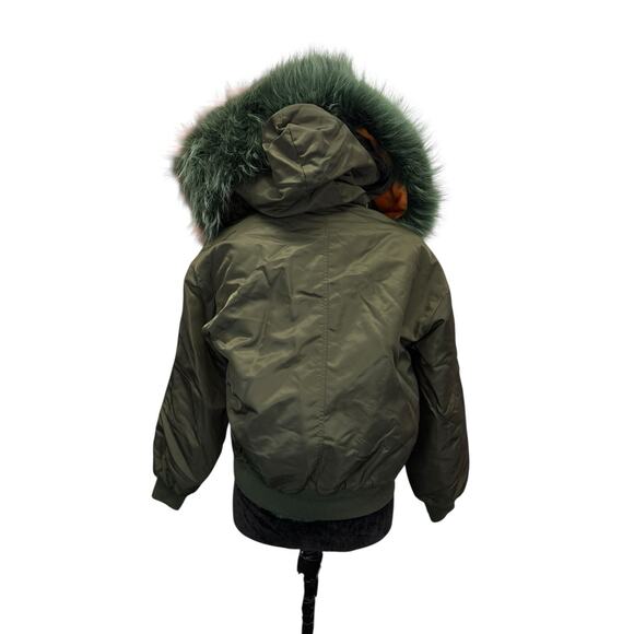 Stylish Olive Bomber Jacket with Real Fox Fur Hood • XS/S • Warm & Chic - Picture 7 of 12